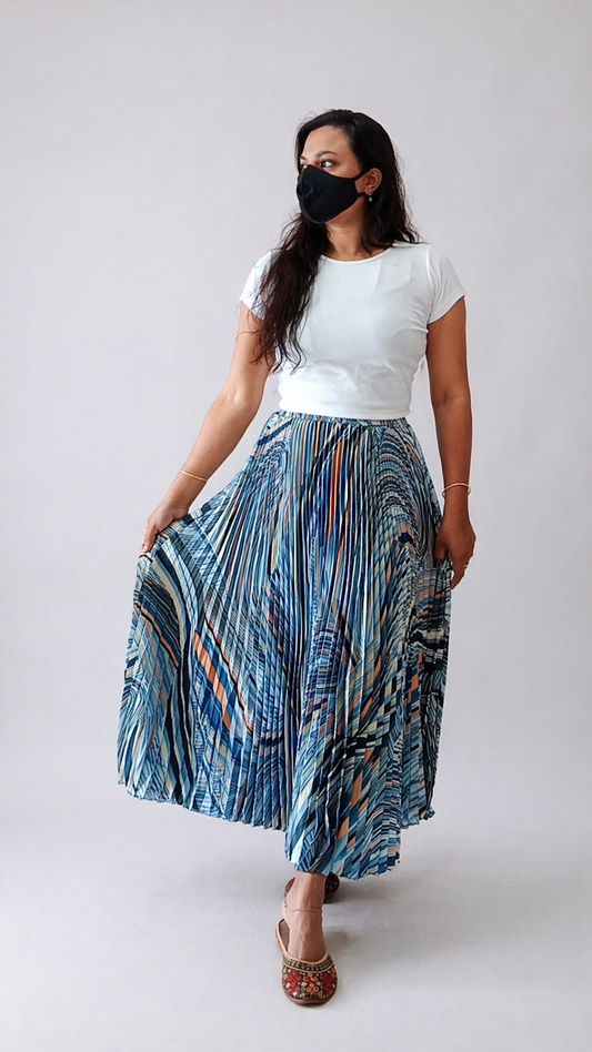 Velisse Blue Abstract Printed Pleated Skirt
