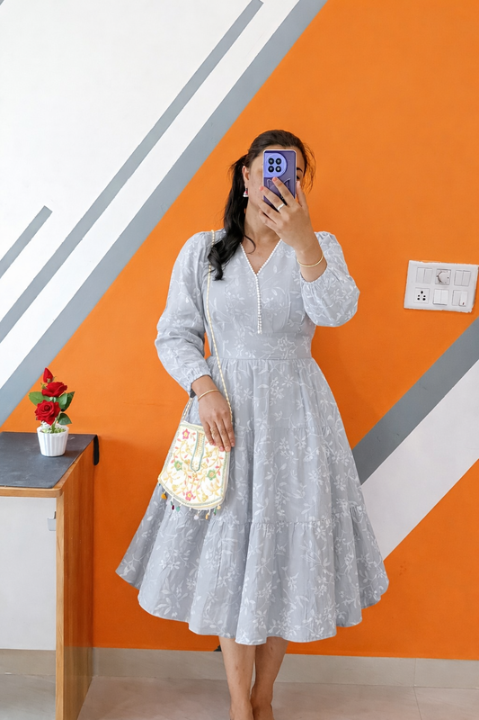 Mira Light Grey Floral Puff-Sleeve Pearl Midi Dress