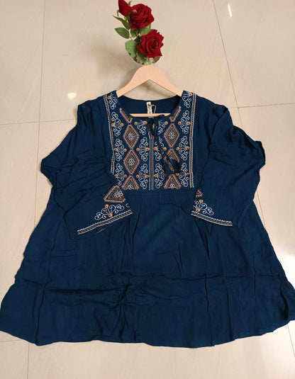 Siya Navy Blue Embroidered Tunic Top for Women