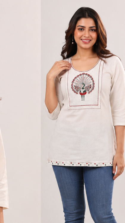 Elira Cotton Khadi Peacock Short Kurti