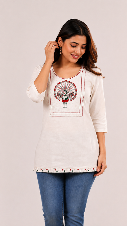 Elira Cotton Khadi Peacock Short Kurti