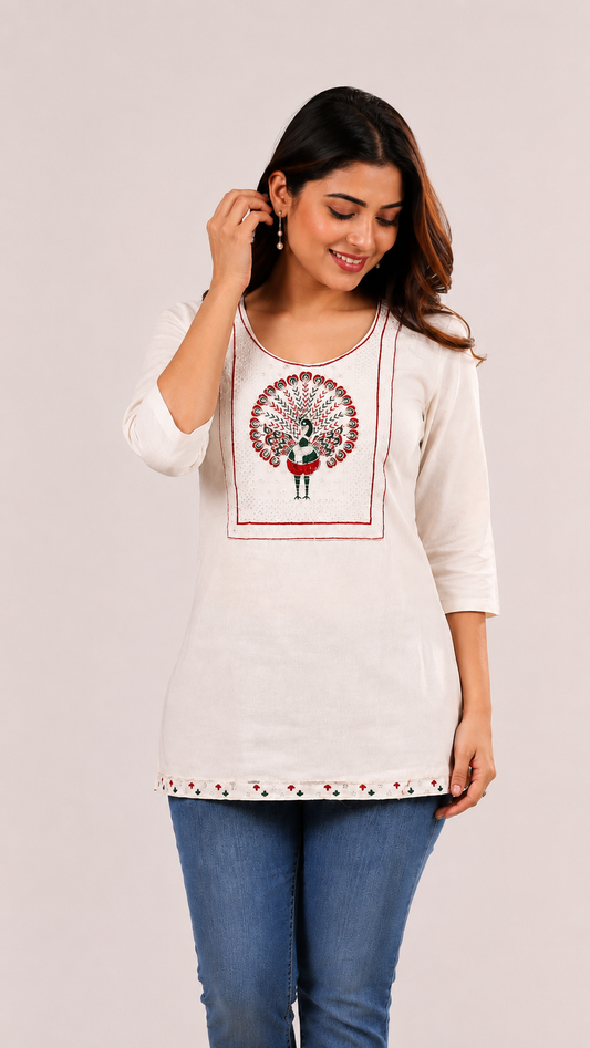 Elira Cotton Khadi Peacock Short Kurti